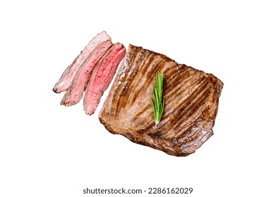 BBQ Grilled flank or flap beef meat steak on a wooden cutting board. Isolated on white background