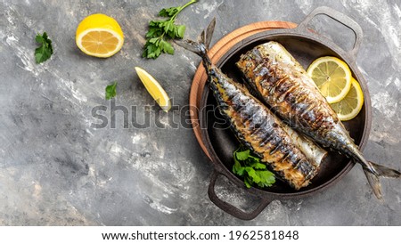 BBQ Grilled mackerel fish with herbs. Oktoberfest menu. banner, menu recipe place for text, top view.