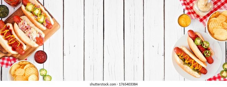 BBQ Hot Dog Double Side Border. Top Down View Table Scene Over A White Wood Background. Copy Space.