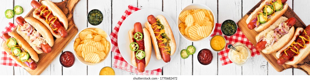 BBQ Hot Dog Table Scene Banner. Above View Over A White Wood Background.