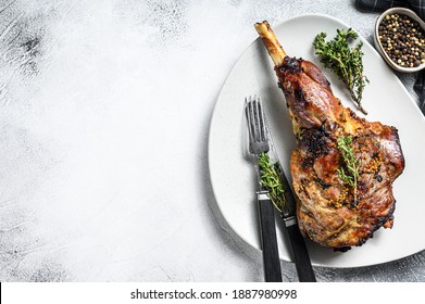 BBQ Lamb Leg With Herbs. Gray Background. Top View. Copy Space.