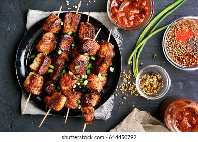 Bbq Meat On Wooden Skewers On Plate. Top View, Flat Lay