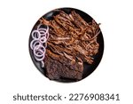 BBQ pulled pork meat on plate. Isolated on white background