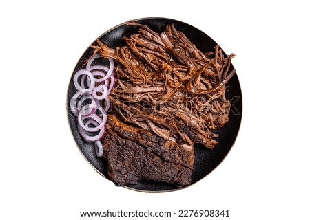 BBQ pulled pork meat on plate. Isolated on white background
