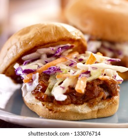 bbq pulled pork sandwich close up with cole slaw