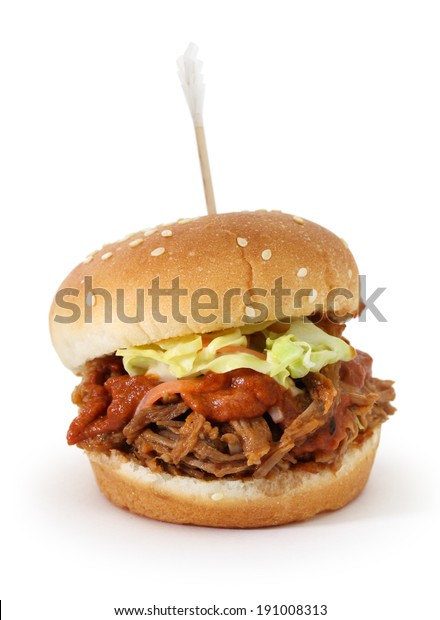 bbq\
pulled pork sliders isolated on white\
background