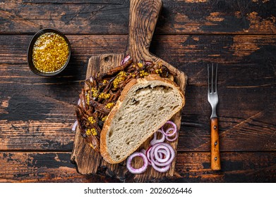 BBQ Sandwich With Slow Roasted Pulled Pork Meat. Dark Wooden Background. Top View