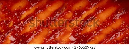 Bbq sauce pattern, barbecue ketchup stain textuted background top view. Tomato barbeque sauce smear, brown catsup dip mockup