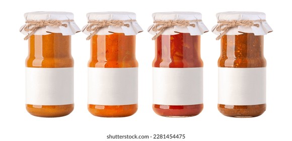 bbq sause jars  with white labels isolated on white background
