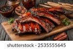 BBQ Spare Ribs: Smoked barbecue pork spare ribs coated in tangy sauce, arranged on a wooden board with rustic grill-themed props in the background.