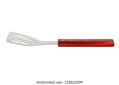 BBQ Spatula Isolated On White Background. Stainless Steel Grill Spatula With Wooden Handle. Close Up.