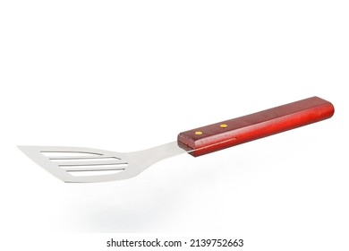 BBQ Spatula Isolated On White Background. Stainless Steel Grill Spatula With Wooden Handle. Close Up.