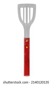 BBQ Spatula Isolated On White Background. Stainless Steel Grill Spatula With Wooden Handle. Close Up.