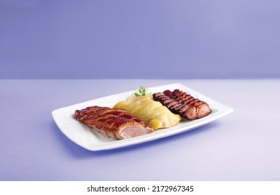 BBQ And Steamed Pork And Chicken Combination (3 Varieties) Served In A Dish Isolated On Wooden Board Side View On Grey Background