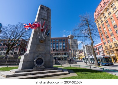 BC, Canada - MAR 22 2021 : Victory Square Cenotaph. Vancouver City Street View.