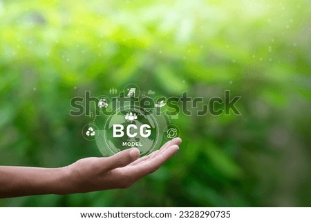 BCG icon on hand concept for sustainable economic development, bio-economy, circular economy, green economy on nature background.
