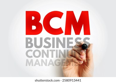 BCM Business Continuity Management - framework for identifying an organization's risk of exposure to internal and external threats, acronym text concept background