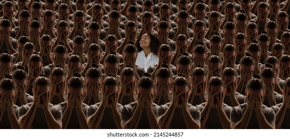 Be Happy. Conceptual Collage With Crowd Of Identical People With Same Emotions And One Different Young Girl, Difference And Diversity Concept. Stand Out From The Crowd