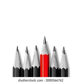 be like everyone else. stand out from the crowd. pencils on white, One red pencil standing out from the row of black pencils.