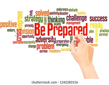 Be Prepared word cloud hand writing concept on white background.