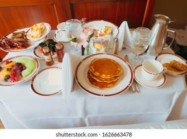 Be Spoiled With A Large Breakfast In A Fancy Hotel. Room Service Pampering. 