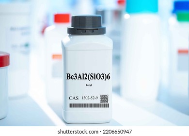 Be3Al2(SiO3)6 beryl CAS 1302-52-9 chemical substance in white plastic laboratory packaging - Shutterstock ID 2206650947