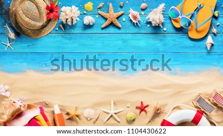Beach Accessories On Blue Plank And Sand - Summer Holiday Background
