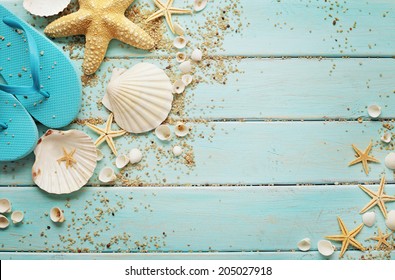 Beach Accessories On Wooden Board