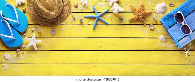 Beach Accessories On Yellow Wooden Plank Stock Photo 438639946 ...