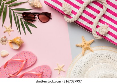Beach accessories straw hat and seashell on colored table. Summer concept background. - Shutterstock ID 2167327937