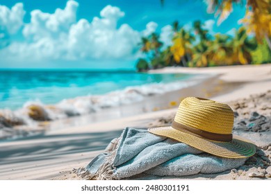 Beach accessories straw hat, towel on sunny tropical Caribbean beach with palm trees and turquoise water, caribbean island vacation, hot summer day - Powered by Shutterstock