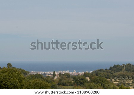 Panorama von Barcelona mit Büschen im Vordergrund und Sagrada Familia