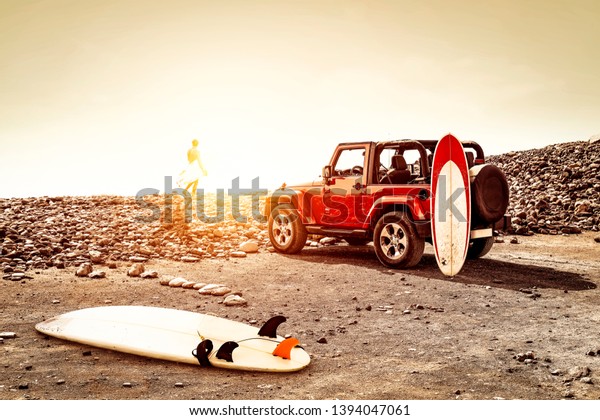 Beach background and summer car.\
Free space for your decoration. Summer sunset time and surfer.\
