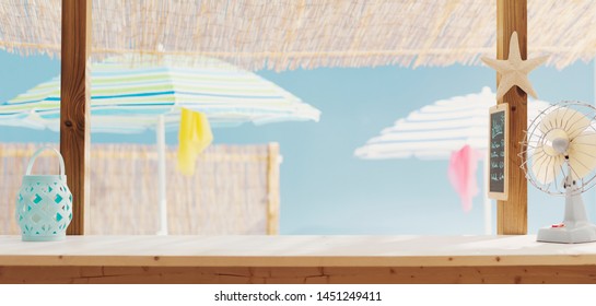 Beach Bar Kiosk With Colorful Beach Umbrellas In The Background, Summertime Concept