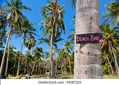 Beach Bar Sign On Palm Tree Trunk In Thailand