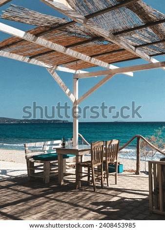 A beach bar view of the ocean in Thassos, Greece.