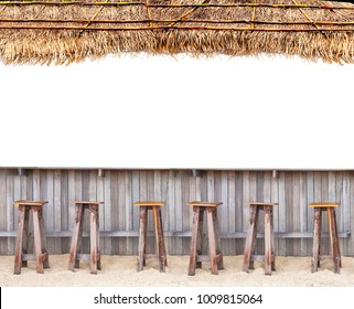 beach bar with wood chair on sand and thatched roof tropical hawaii concept on white isolated background for site advertising  with white place for text