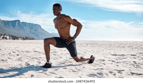 Beach, black man and fitness for lunges stretching and cardio with workout, flexibility and exercise. Energy, African person or bodybuilder with routine, seaside and healthy with athlete or active - Powered by Shutterstock