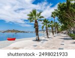 Beach and Bodrum Castle at background view in Bodrum Town. Bodrum is populer tourist destination in Turkey.