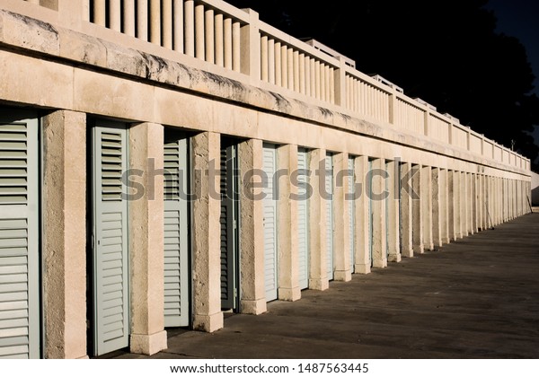 Beach Cabins Pastel Color Doors Line Stock Photo Edit Now 1487563445