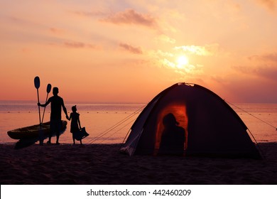 Beach Camping,The Image Of Family Camping And Activity On The Beach In The Morning With Blue Sky And Sunrise.