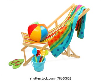 Beach Chair And Accessories Isolated On White Background.