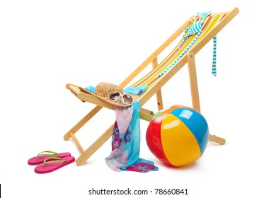 Beach chair and accessories isolated on white background. - Powered by Shutterstock