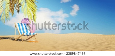 beach chair with float and flip flops on beach sand with palm tree shade. summer time. copy space. 3d render