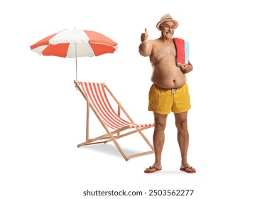 Beach chair and a male tourist gesturing thumbs up isolated on white background - Powered by Shutterstock