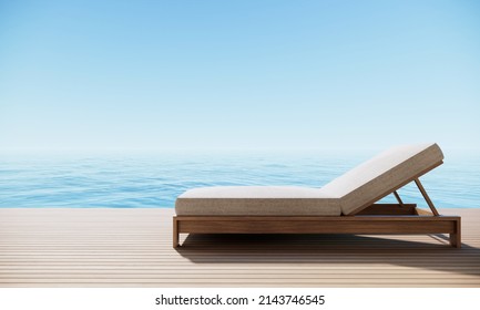 Beach chair sun lounge on the wooden sundeck blue sky and sea view. 3d rendering holiday background.