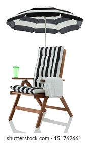 Beach Chair With Umbrella, Towel And Drink