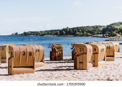 Beach Chairs At The Beach Of The Kieler Förde, Germany, Sunny Day, Blue Sky