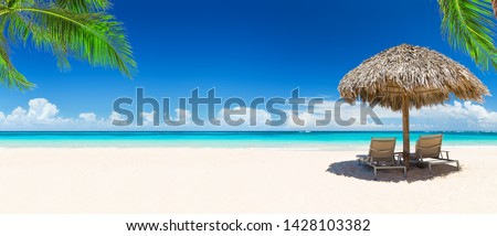 Beach chairs with umbrella and beautiful sand beach in Punta Cana, Dominican Republic. Panorama of tropical beach with white sand and turquoise water. Travel summer holiday background concept.
