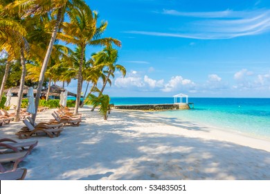 Beach Chairs With Umbrella At Maldives Island With White Sandy Beach And Sea